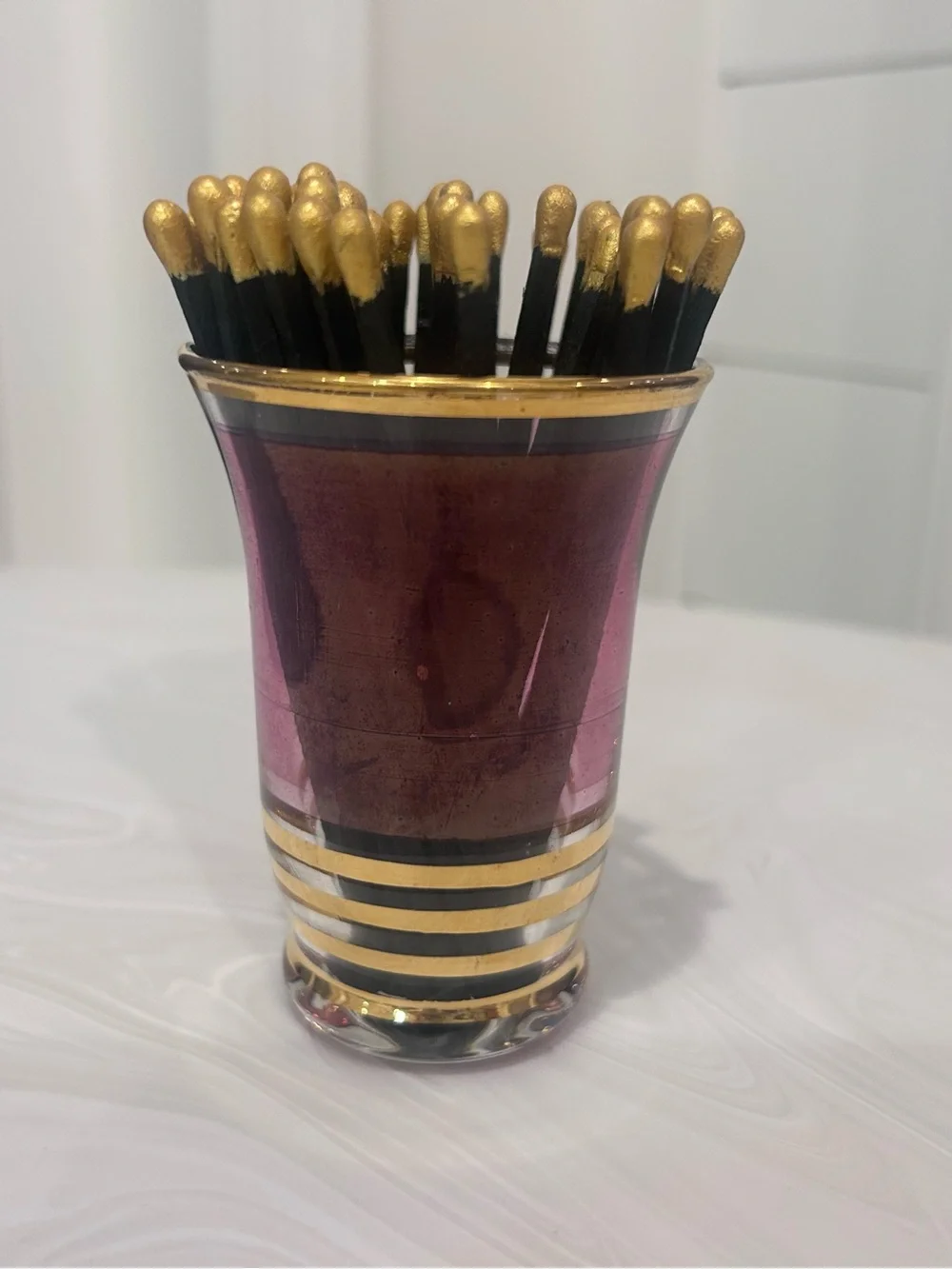 Restyle Vintage Blenko cranberry red mini glass Gold trim w striker Matchsticks